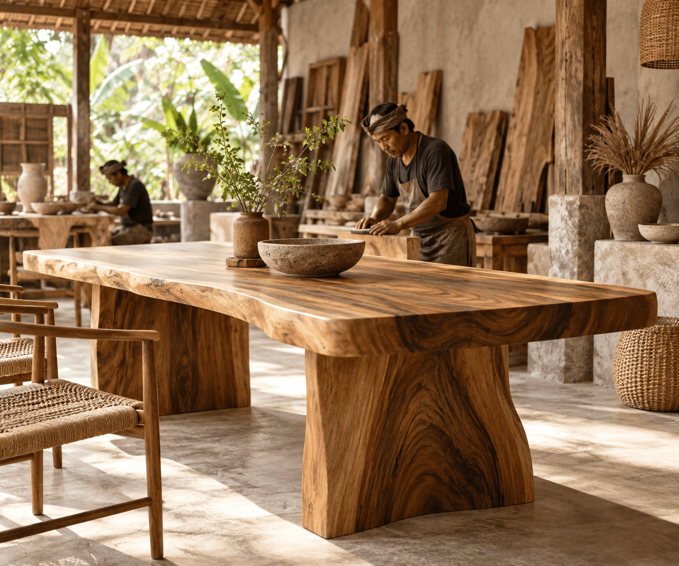 Illustration d’un atelier d’artisanat indonésien autour d’une table en bois massif